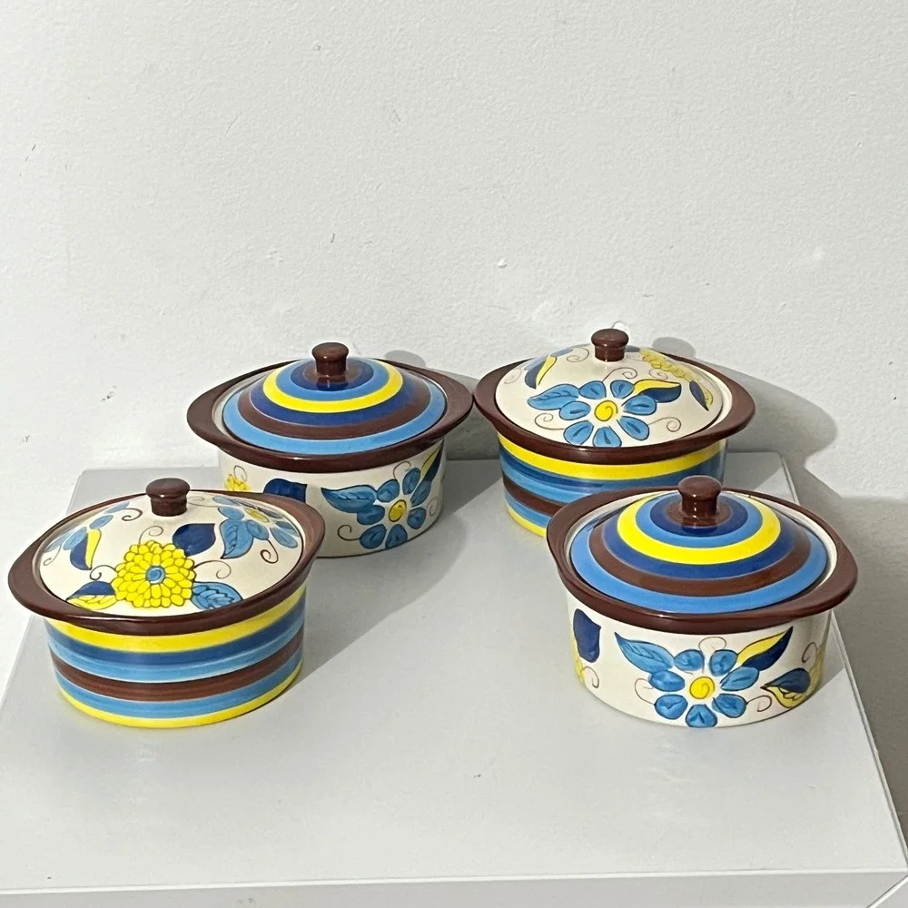Temp-tations Ramekin Set 9 oz Blue Yellow‎ Floral Ceramic Ovenware 4pc